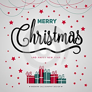 Merry Christmas gift poster. Christmas gold glittering with lettering design. Happy new year design card. Christmas box surprise