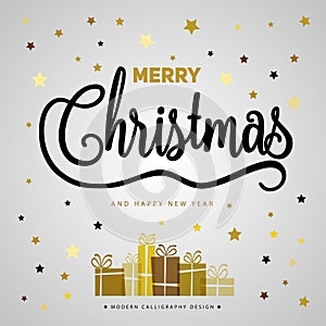 Merry Christmas gift poster. Christmas gold glittering with lettering design. Happy new year design card. Christmas box surprise