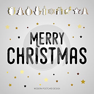 Merry Christmas gift poster. Papercut icon items. Christmas gold