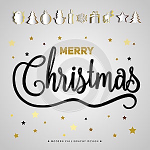 Merry Christmas gift poster. Papercut icon items. Christmas gold