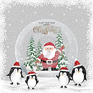 Merry Christmas gift snow globe with santa claus,  inside,penguinon playing on snow,Winter wonderland scenery with Glass snow ball