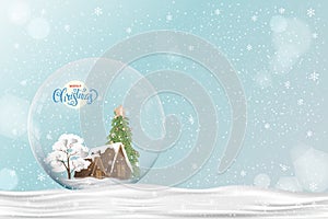 Merry Christmas gift snow globe with Xmas tree and house inside on snow in blue background,Winter wonderland landscape with Glass