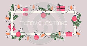 Merry Christmas. Gifts, Christmas balls, lights, fir branches. Holiday design with frame. Winter background