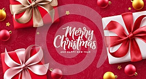 Merry christmas gifts vector background design. Christmas and happy new year text in red pattern space