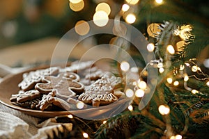 Merry Christmas! Gingerbread cookies with icing in plate on wooden rustic table with fir branches, festive decorations and