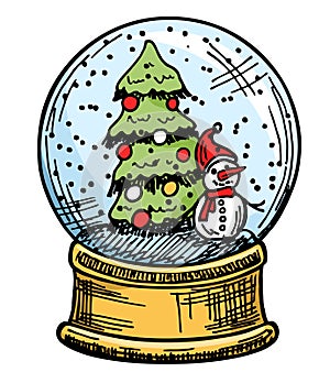 Merry Christmas glass ball. Christmas snow globe isolated. Winter in glass ball, crystal dome with snowflake and