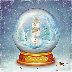 Merry christmas glass ball with snowman on grunge background