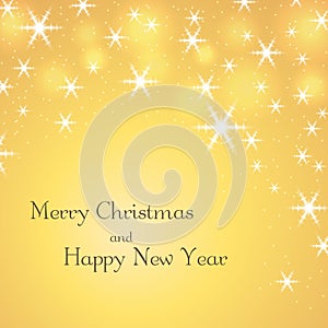 Merry Christmas gold background with text. Stars, white winter snowflakes. Golden light xmas card. Happy New Year