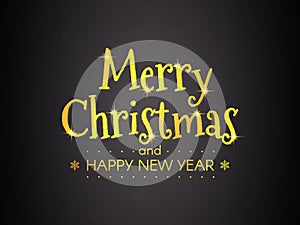Merry Christmas gold card. Happy New Year banner. Bright golden text on black background. Luxury Xmas concept. Gold snow