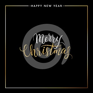 Merry Christmas gold glitter text isolated on black background