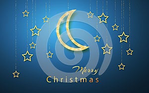 Merry Christmas. Gold handing shiny glitter glowing star isolated on blue night background. Vector illustration