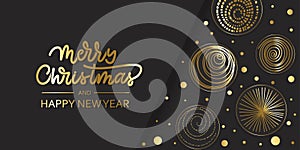 Merry Christmas gold holidays card with balls and lettering