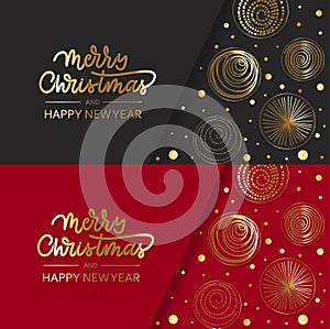 Merry Christmas gold holidays card with balls and lettering