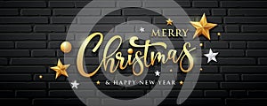 Merry christmas gold message and star, ball on block wall on black background banner design