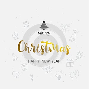 Merry Christmas gold text font, type composition. Calligraphy lettering xmas greeting card, banner or poster design on white Party