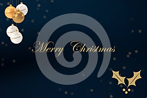 Merry Christmas gold text and gold ornaments on dark blue background. Christmas card
