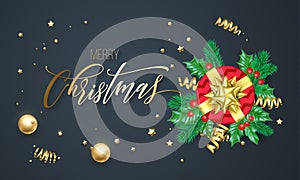 Merry Christmas golden calligraphy and gold decoration greeting card design. Vector Christmas tree or holly wreath decoration, New