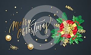 Merry Christmas golden decoration and gold font calligraphy greeting card design. Vector Christmas tree holly wreath decoration, N