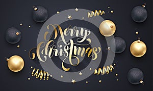 Merry Christmas golden decoration, hand drawn calligraphy gold font for greeting card premium black background design. Vector Chri