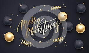 Merry Christmas golden decoration, hand drawn gold calligraphy font for greeting card black background. Vector Christmas or New Ye