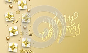 Merry Christmas golden greeting card premium background. Vector Christmas calligraphy lettering emboss with gifts, snowflakes a
