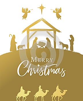 Merry Christmas golden Nativity scene with Holy family and calligraphy