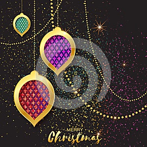 Merry Christmas Golden Pink Purple Glitter balls. Beautiful Decoration Bauble