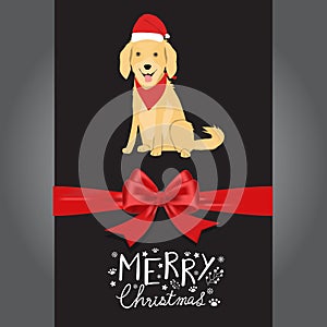 Merry christmas Golden Retreiver dogs in the red hat hand letter