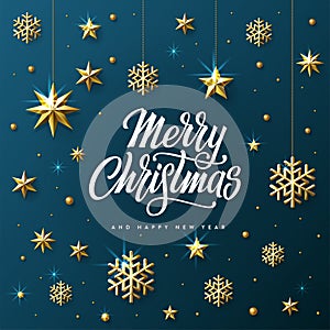 Merry Christmas Golden Snowflake Blue Vector illustration.