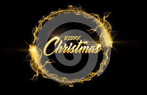 Merry Christmas. Golden tail with gold particles and smoke. Circle frame with space for text. Sparkling golden frame on black