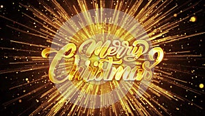Merry Christmas golden text animation snowing particles. Christmas wish Golden background