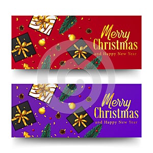 Merry christmas golden text and confetti. xmas banner template. fir spruce leaves, present box, bauble ball