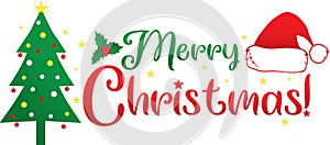 Merry Christmas Graphic with Tree and Santa Hat