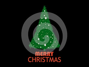 Merry Christmas. Green Christmas tree with white sparkles on a black background. Festive design for greeting cards, invitations