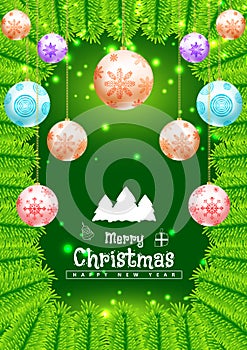 Merry christmas green colour background creative new postre design with ball and light effect vector photo