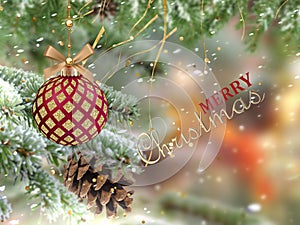 Merry Christmas  green pine tree branch ,cone and red ball on  winter  festive snow flakes blurred  gold  confetti bakcground