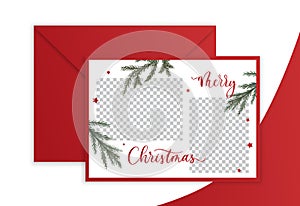 Merry Christmas greenery branches 2 Photo Holiday Card with calligraphy.