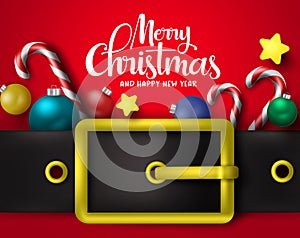 Merry Christmas greeting with big belt vector background design. Merry chirstmas typography text with xmas decor elements.