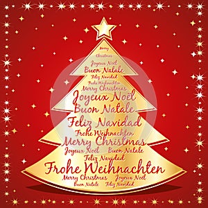 Merry christmas greeting card. All languages. Red and gold starry vector christmas tree.