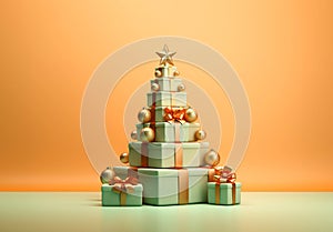 Merry Christmas greeting card background with pile of gifts shaped like a Christmas tree. Xmas and happy new year. AI generated