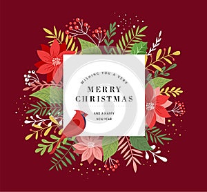 Merry Christmas greeting card, banner and background in elegant, modern and classic style with leaves, flowers and bird