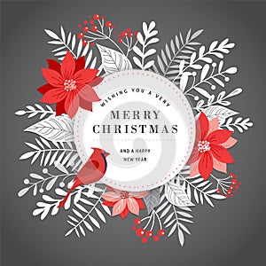 Merry Christmas greeting card, banner and background in elegant, modern and classic style with leaves, flowers and bird