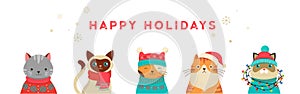 Merry Christmas greeting card and banner with cute cats characters, vector collection