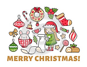 Merry christmas greeting card, banner, poster, print for children. Cute christmas elf with a list of gifts, bunny in mug