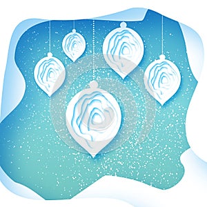 Merry Christmas Greeting card with bauble on blue background