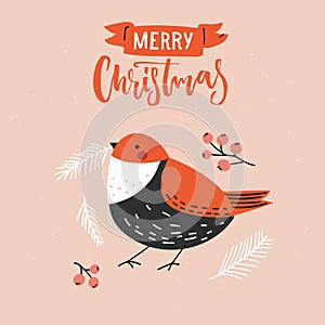 Merry Christmas greeting card, bird with spruce branches and berries. Vector decoratuive illustration