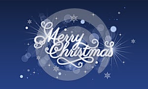 Merry Christmas greeting card. Blue glowing background with snowflakes, glitter, star and hand drawn curves.
