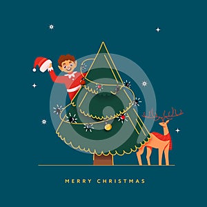 Merry Christmas Greeting Card With Cheerful Boy Wearing Santa Costume, Reindeer And Creative Xmas Tree On Blue