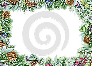 Merry Christmas greeting card. Christmas decorations border for winter holidays, isolated on white