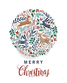 Merry Christmas. Greeting card with Christmas deer. Vector